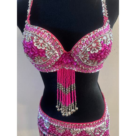 Costume x Belly Dance Sequin, Beaded, Fringe Two Piece Set Size 36 Pink - Picture 13 of 14